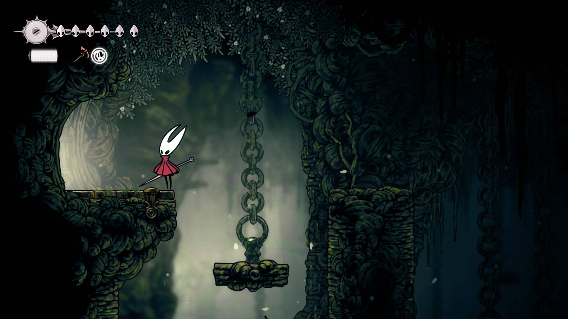 Hornet fica por uma saída em Shellwood em Hollow Knight: Silksong