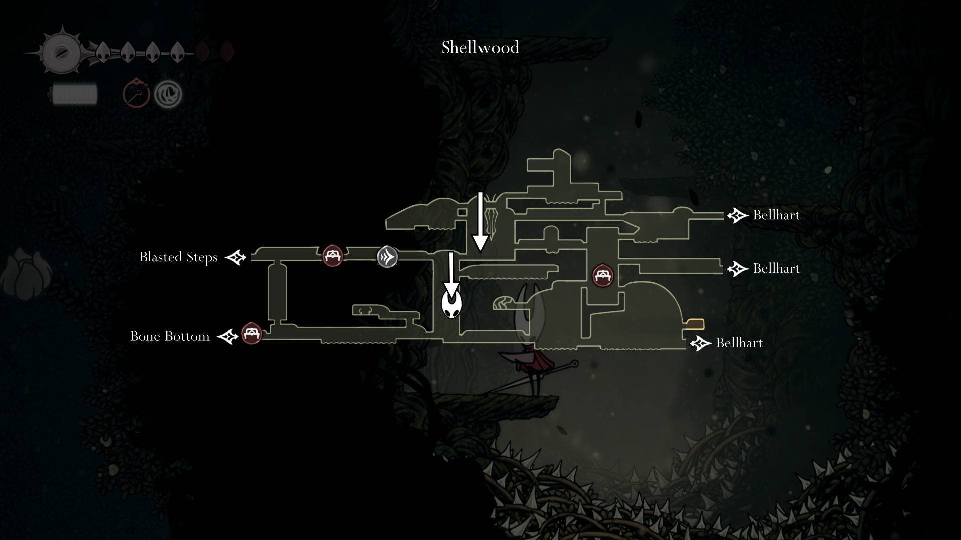 A localização de uma pulga em Shellwood é rotulada no mapa em Hollow Knight: Silksong
