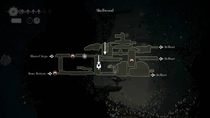 The location of a Flea in Shellwood is labeled on the map in Hollow Knight: Silksong