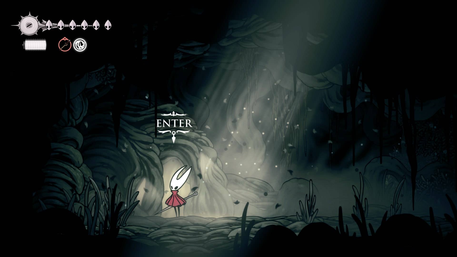 Hornet fica fora da casa de Greyroot em Shellwood em Hollow Knight: Silksong