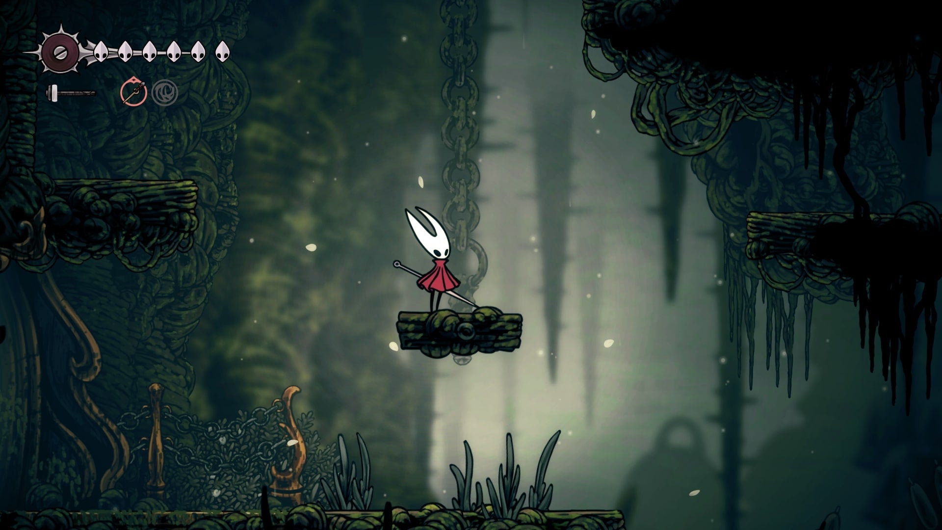 Hornet stands on a platform in Shellwood in Hollow Knight: Silksong