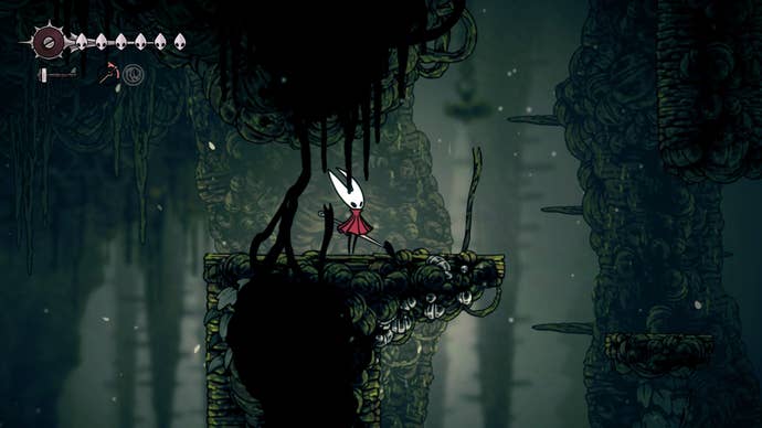 Hornet stands on a platform in Shellwood in Hollow Knight: Silksong