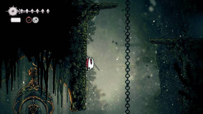 Hornet uses Clip Grip to climb a wall in Shellwood in Hollow Knight: Silksong