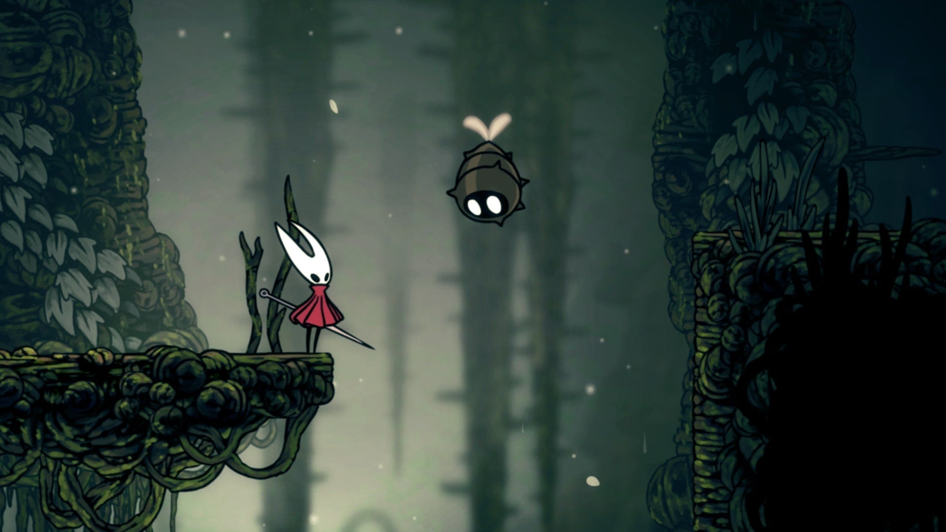 Hornet stands beside a Shellwood Gnat enemy in Hollow Knight: Silksong