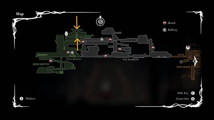 The map of Hollow Knight: Silksong is labelled, showing the Silkspear location in Mosshome