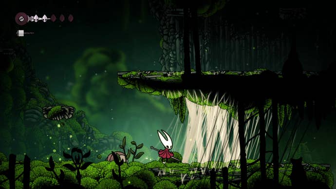 Hornet stands beside a silk barrier in Mosshome in Hollow Knight: Silksong