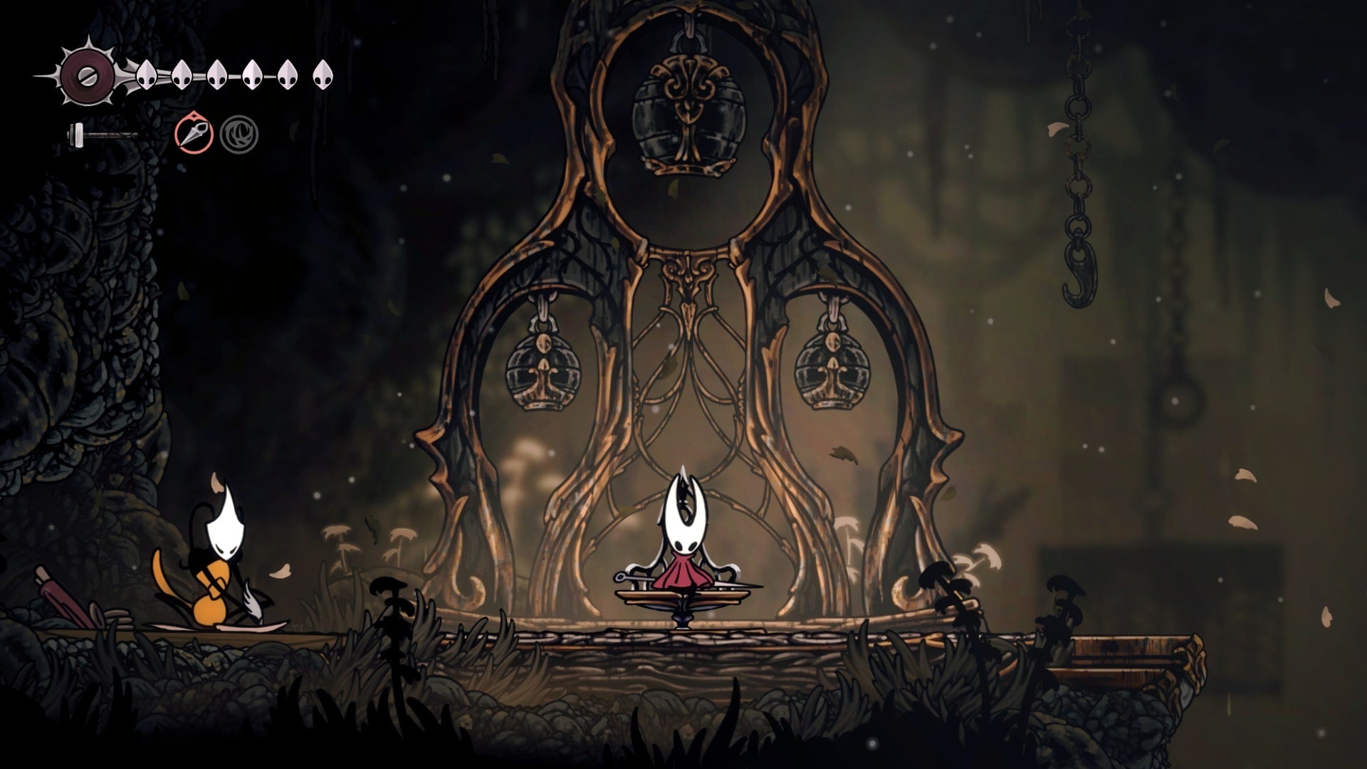 Hornet sits at the Bench, beside Shakra, in Sinner's Road in Hollow Knight: Silksong