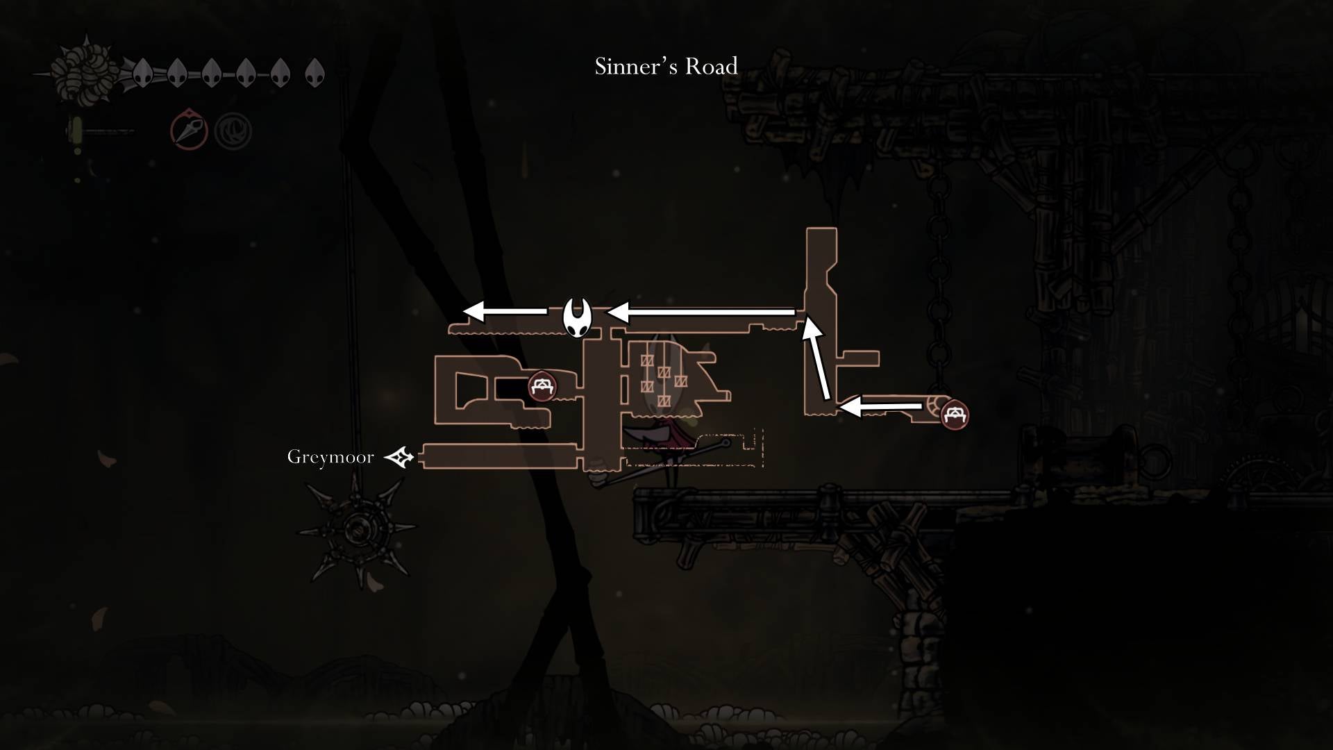 A map of Sinner's Road has the exit into The Mist labelled in Hollow Knight: Silksong