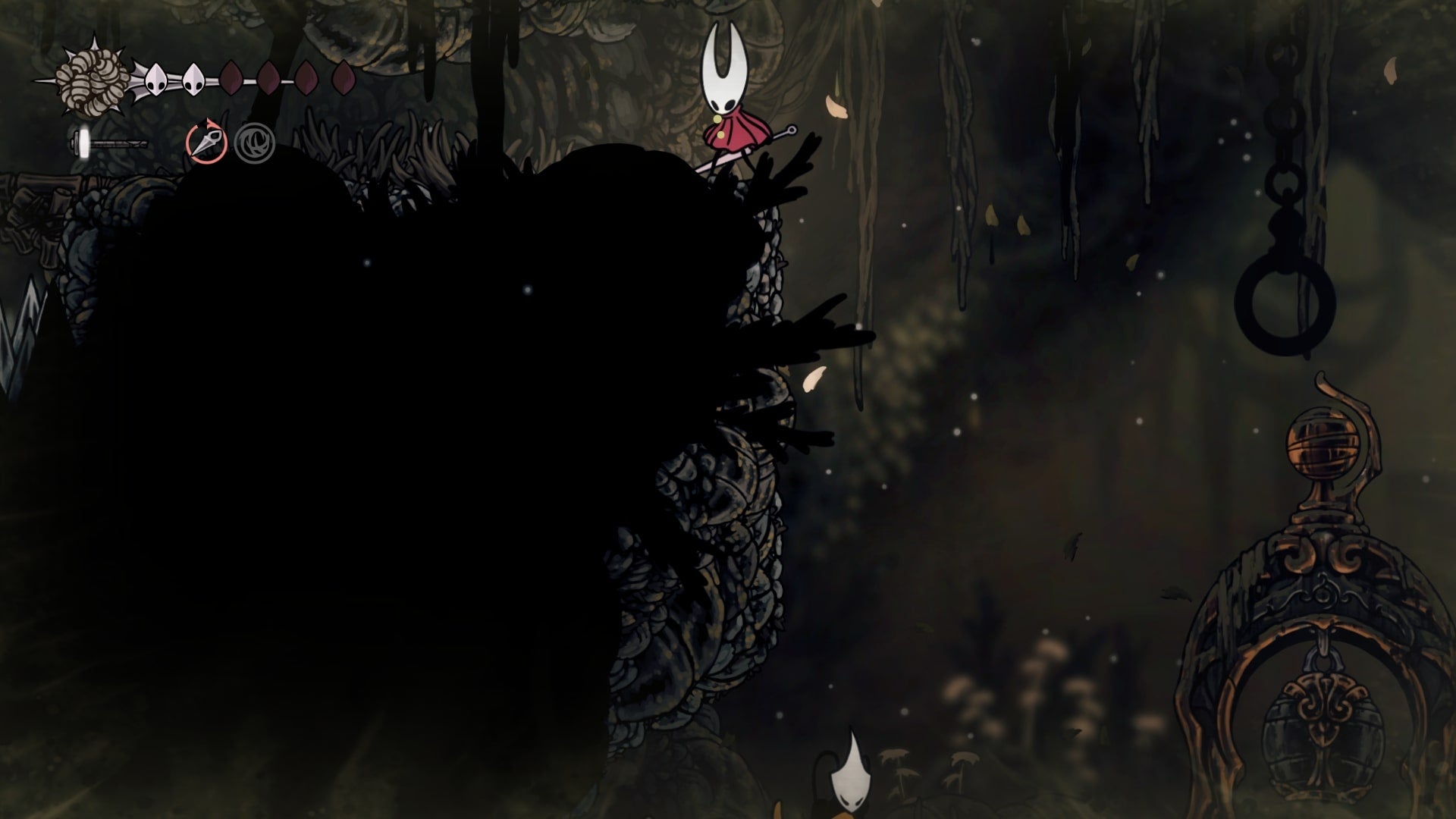 Hornet is in a hidden passage above Shakra while looking down at the merchant in Sinner's Road in Hollow Knight: Silksong