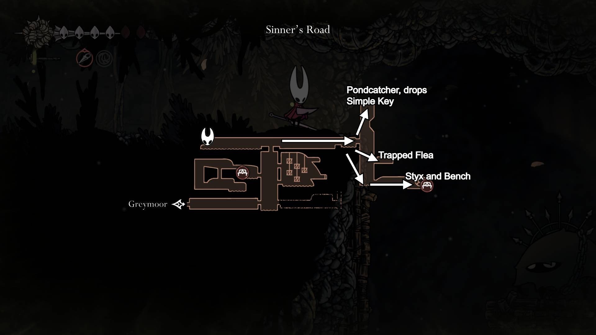 A map of Sinner's Road in Hollow Knight: Silksong, with the right section points of interest labelled