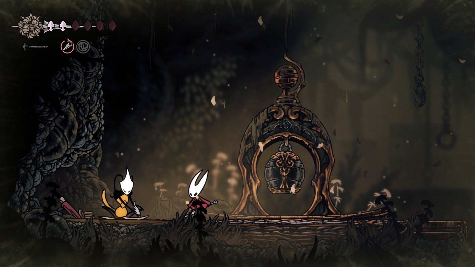 Hornet stands between a broken Bench and Shakra in Sinner's Road in Hollow Knight: Silksong