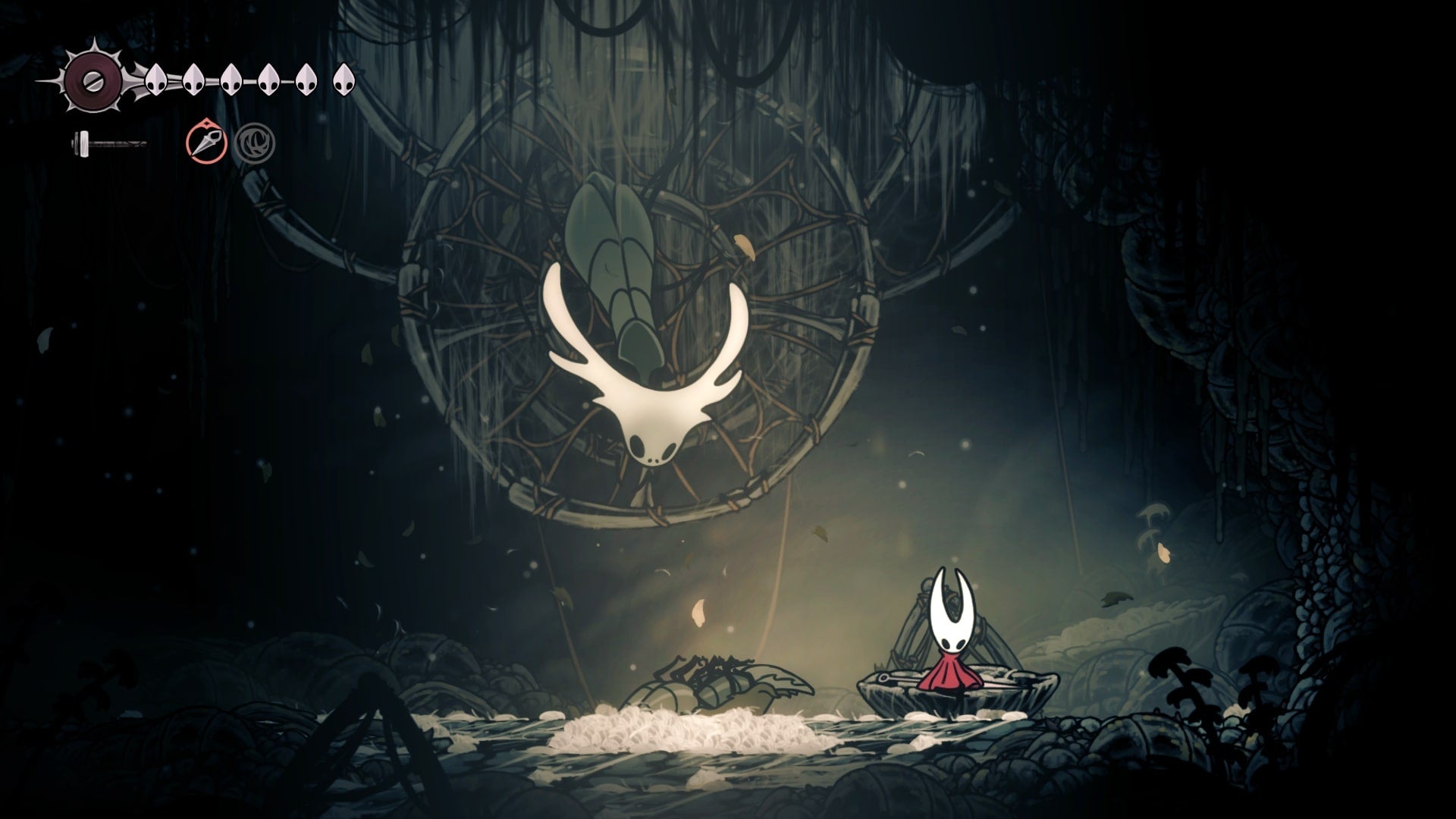Hornet rests on a Bench beside Styx in Sinner's Road in Hollow Knight: Silksong