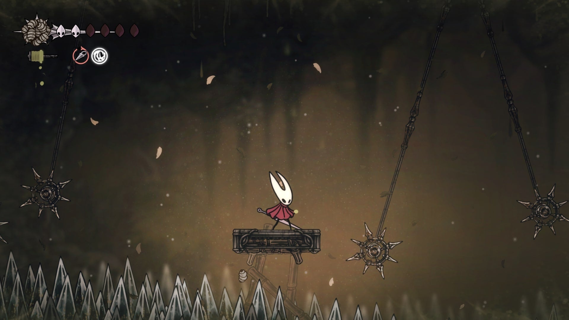 Hornet stands on a platform beside some swinging spike traps in Sinner's Road in Hollow Knight: Silksong