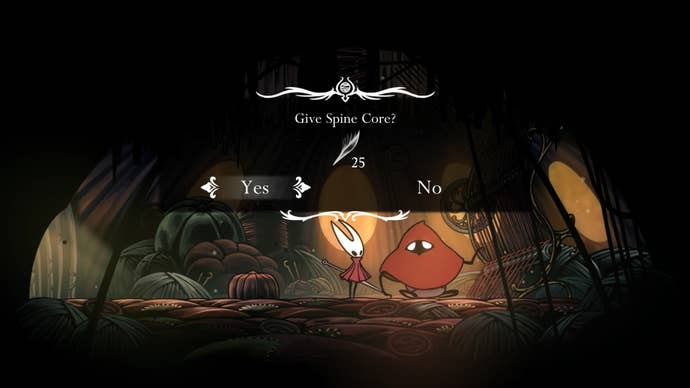Hornet hands over 25 Spine Cores to the Seamstress in Hollow Knight: Silksong