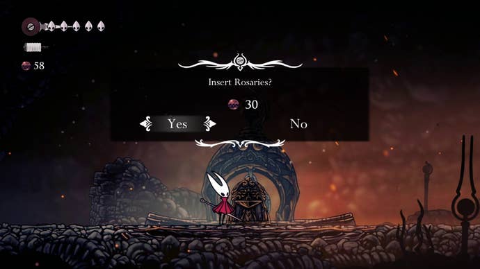 Hornet pays 50 Rosaries to unlock a Bench in The Marrow in Hollow Knight: Silksong