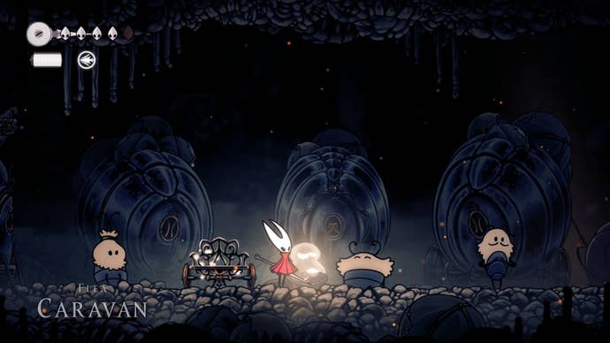 Hornet is at the Flea Caravan in Hollow Knight: Silksong