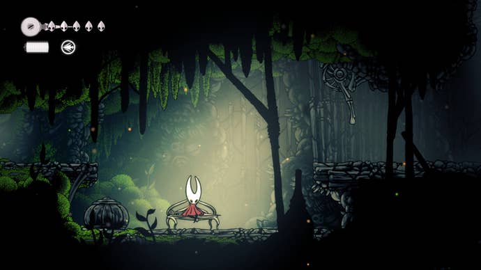 Hornet rests on a Bench in The Marrow, near Mosshome, in Hollow Knight: Silksong