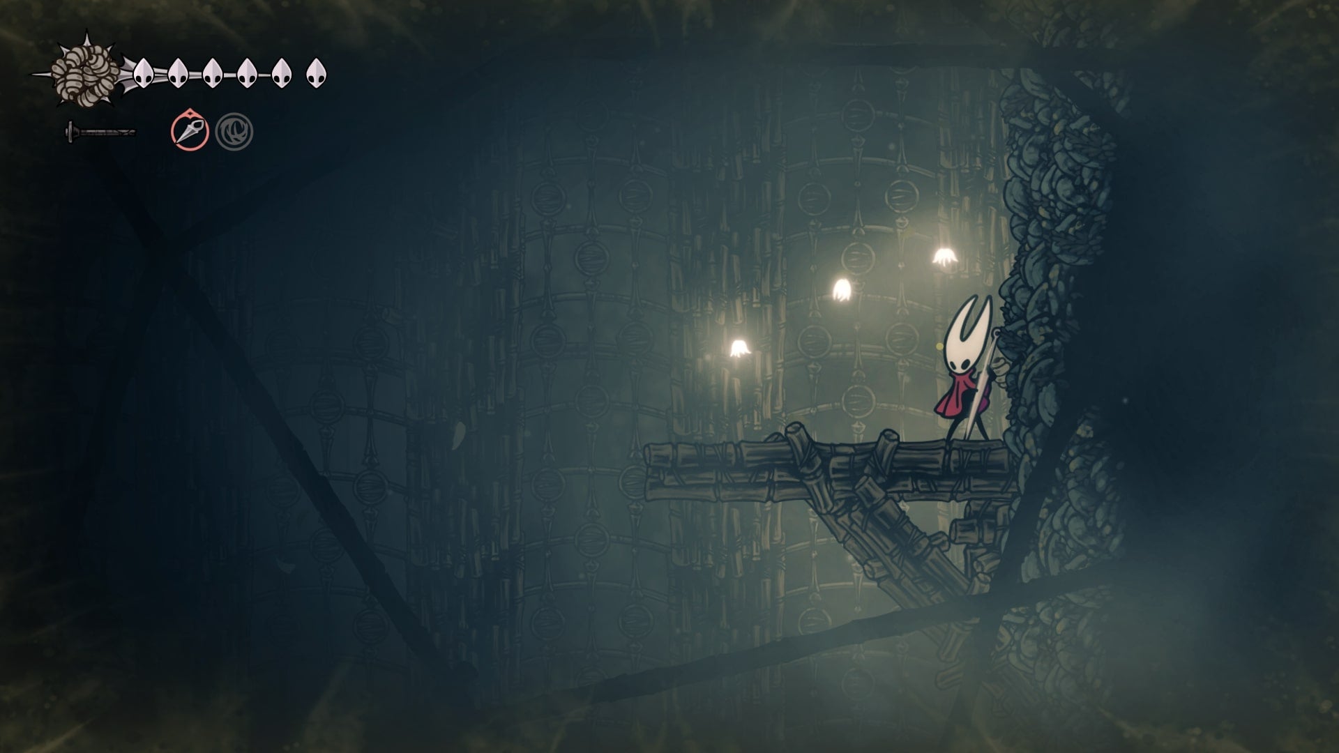 Hornet plays the Needolin to some glowing white butterflies in The Mist  in Hollow Knight: Silksong