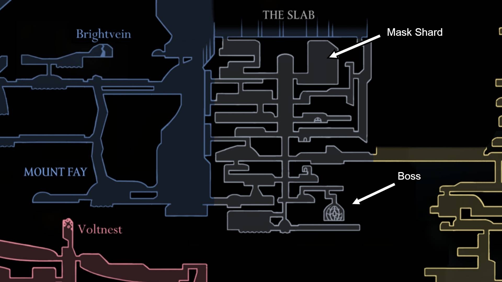 A boss and Mask Shard are labelled on The Slab's map in Hollow Knight: Silksong