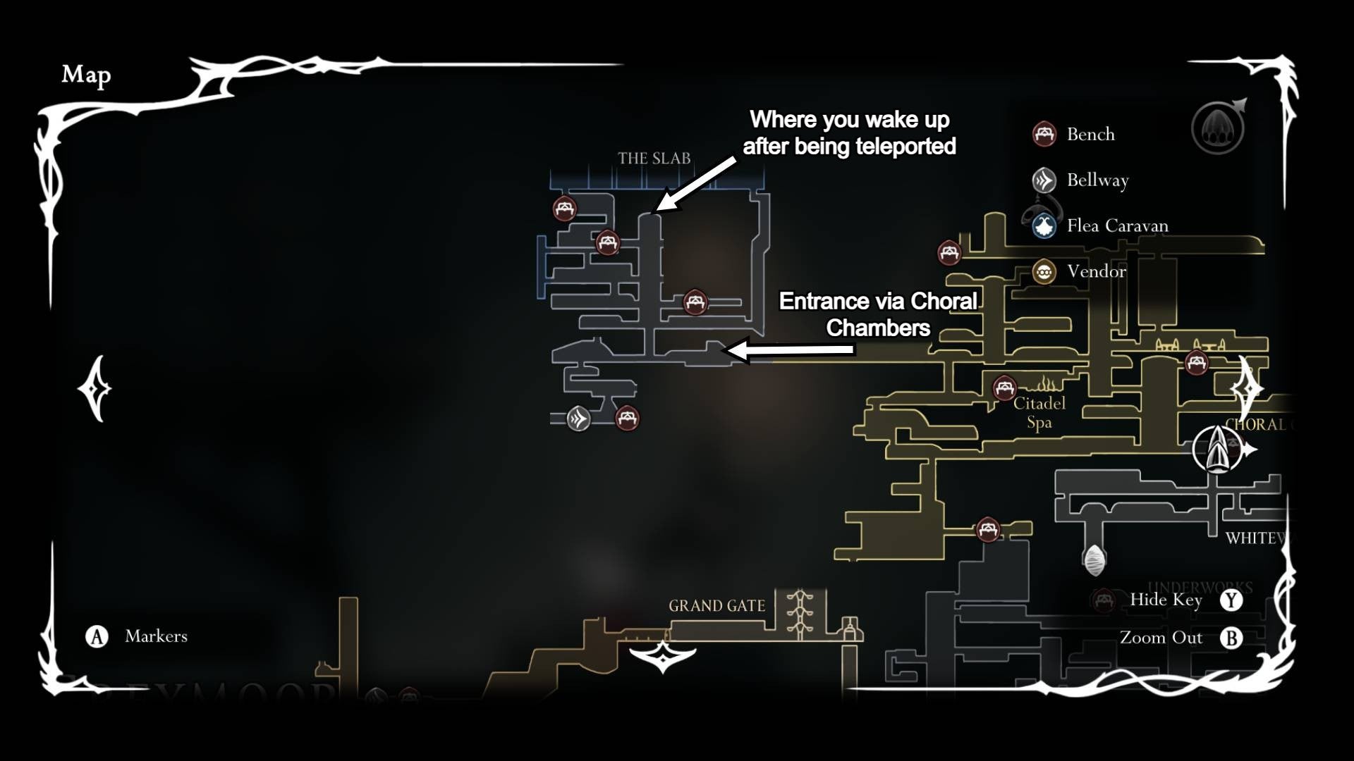 Two entrances to The Slab are labelled on the map in Hollow Knight: Silksong