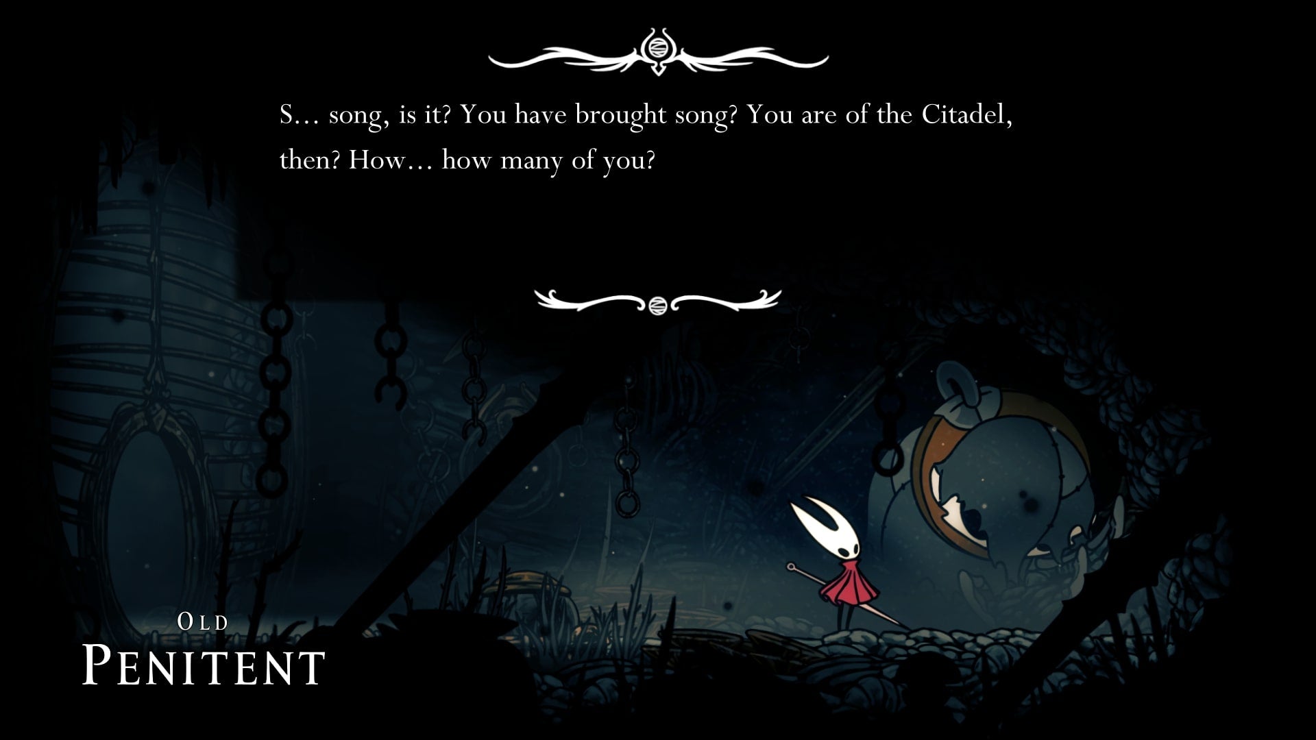 Hornet speaks with the Old Penitent in The Slab in Hollow Knight: Silksong