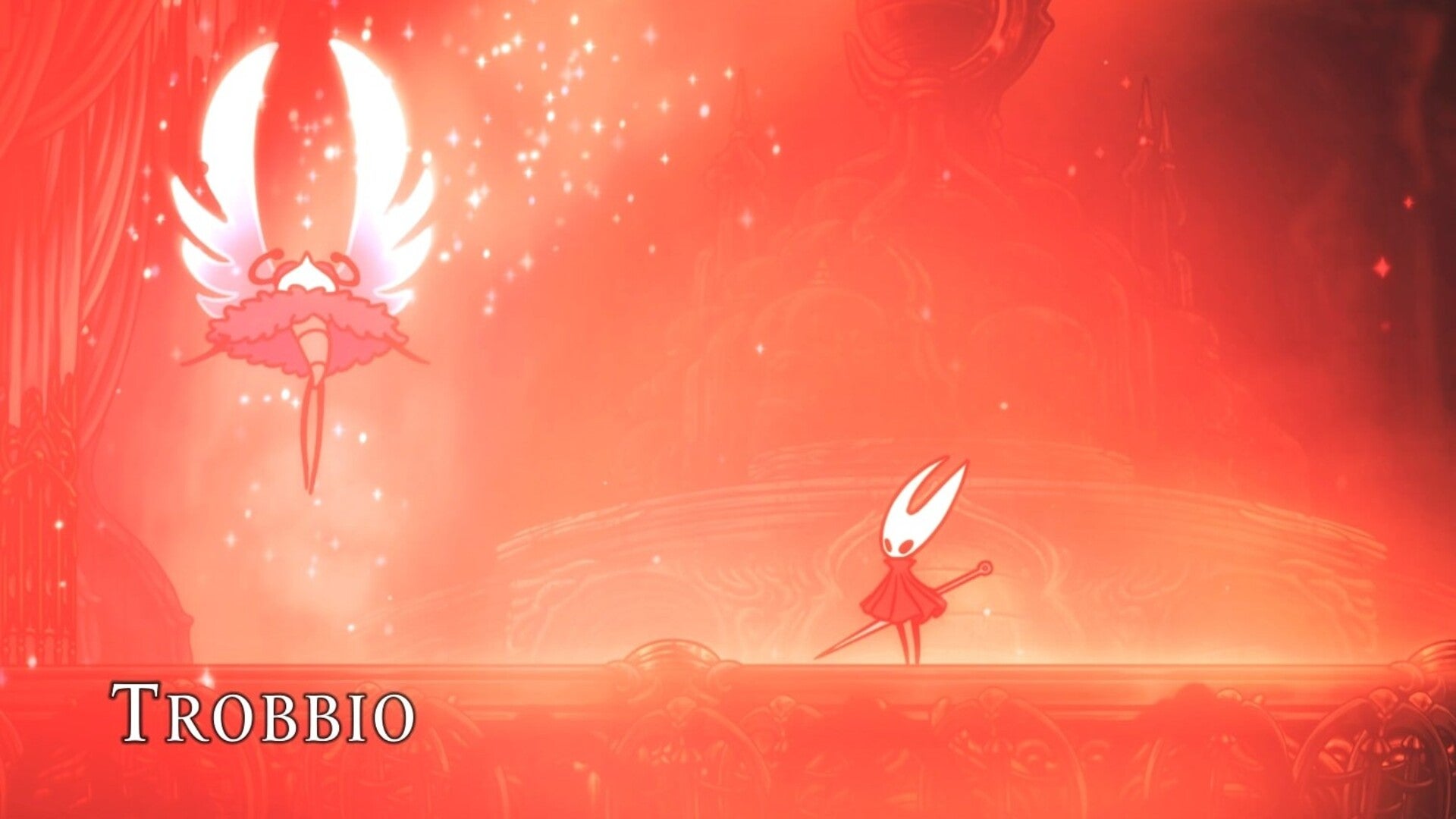Hornet begins the fight against Trobbio in the Whispering Vaults in Hollow Knight: Silksong.