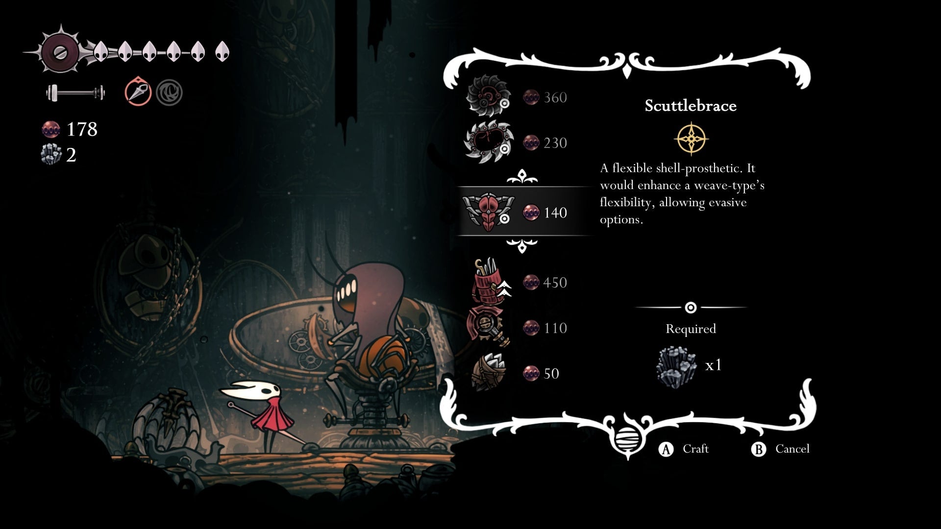Hornet looks at what the Twelfth Architect has for sale in the Underworks in Hollow Knight: Silksong
