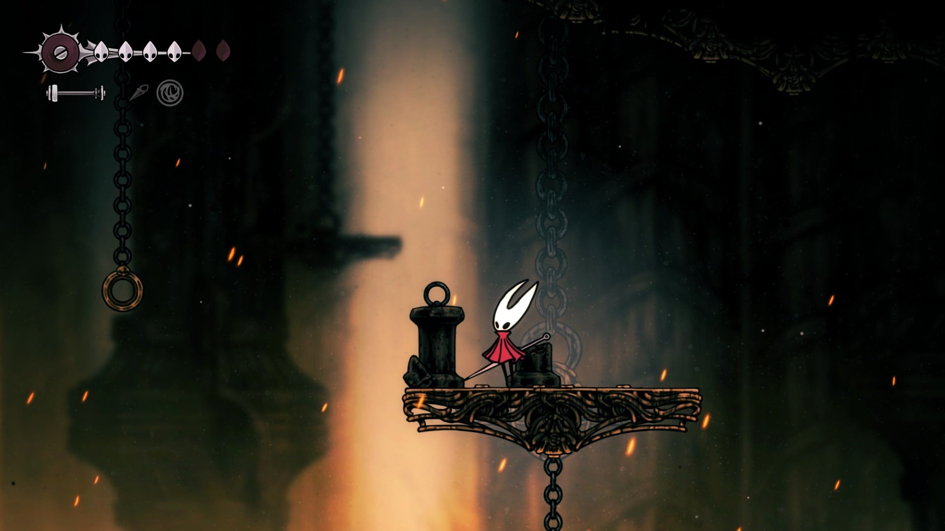 Hornet stands on a platform beside a disc she can use the Clawline Skill on in the Underworks in Hollow Knight: Silksong
