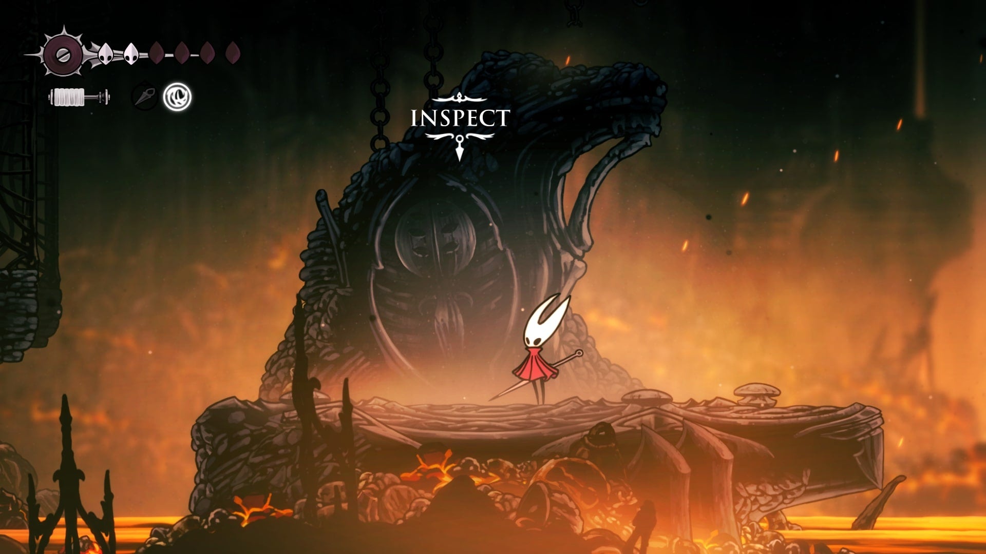 Hornet stands in front of the altar where the Clawline Skill is unlocked in the Underworks in Hollow Knight: Silksong