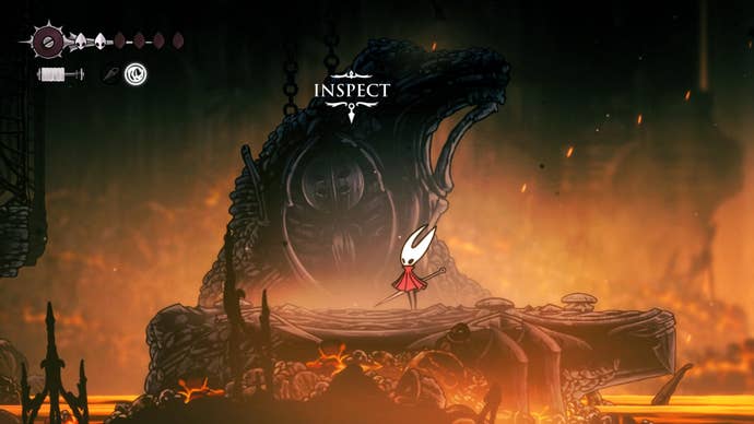 Hornet stands in front of the altar where the Clawline Skill is unlocked in the Underworks in Hollow Knight: Silksong