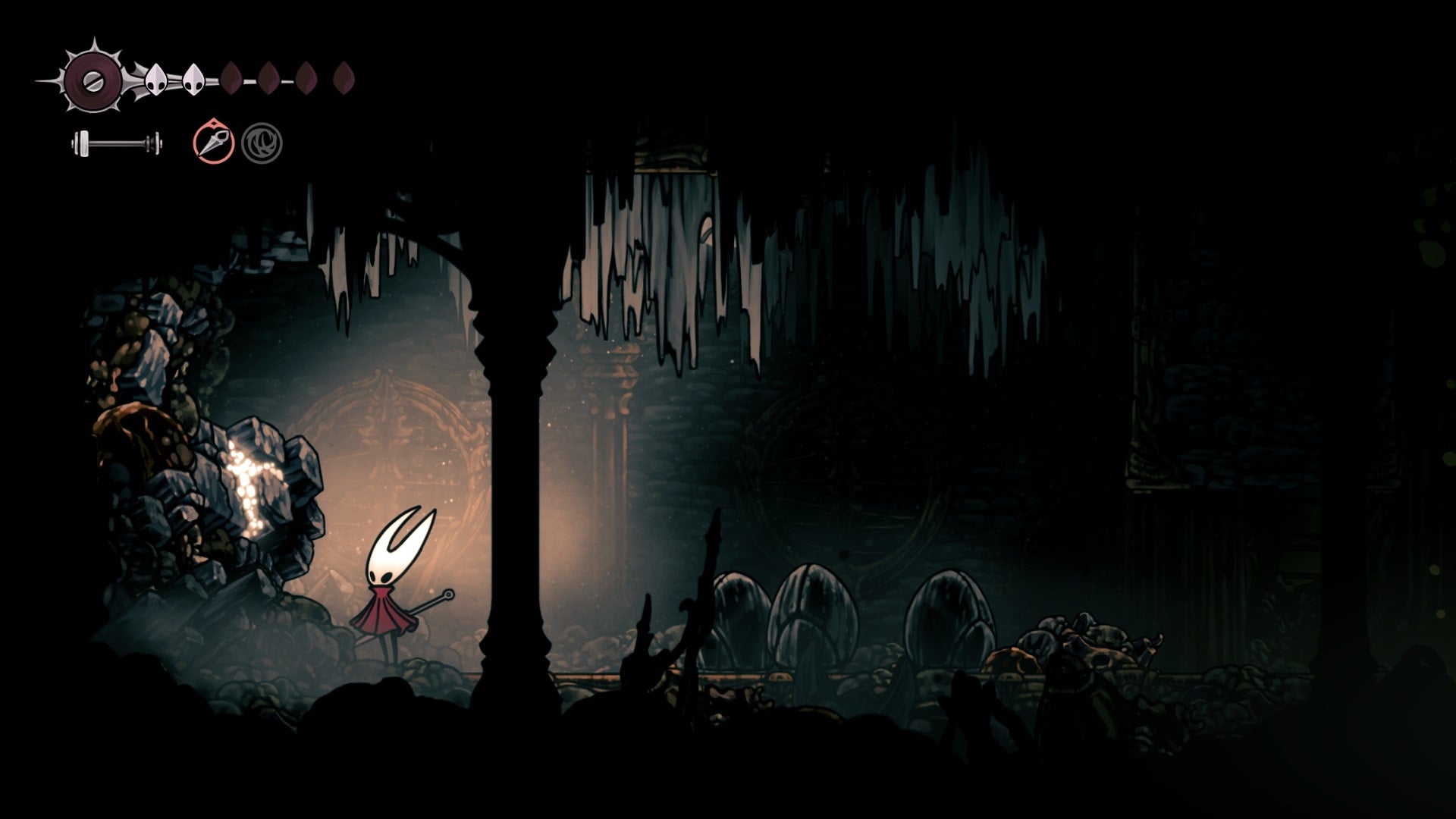 Hornet stands next to some Craftmetal in the Underworks in Hollow Knight: Silksong