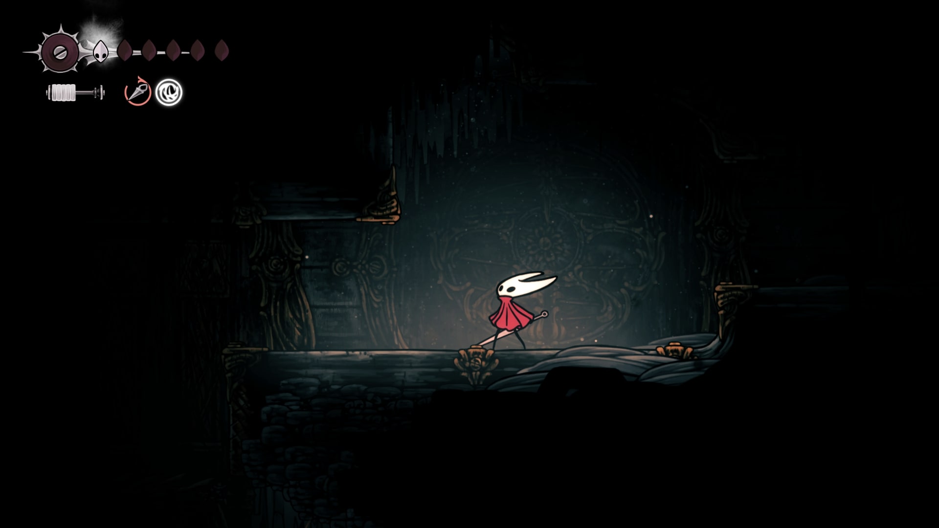 Hornet looks up at a concealed passage in the Underworks in Hollow Knight: Silksong