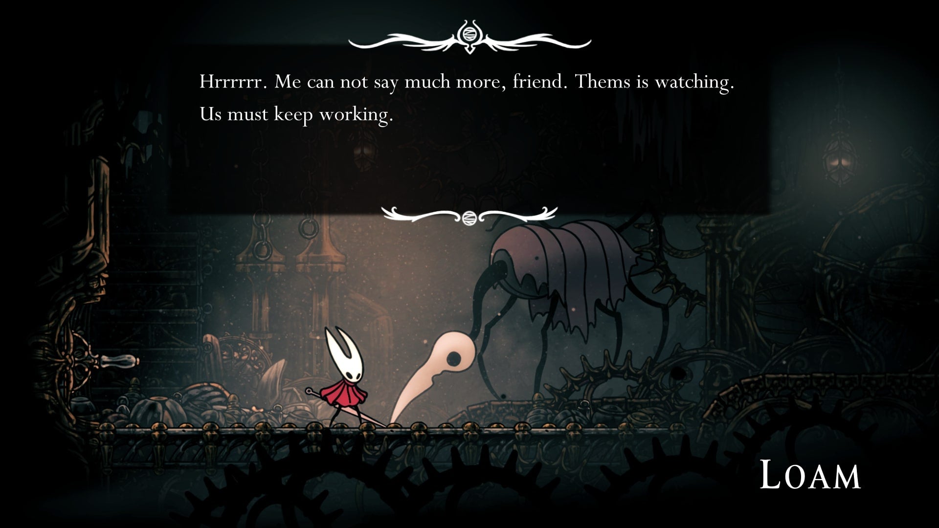 Hornet speaks to Loam in the Underworks in Hollow Knight: Silksong