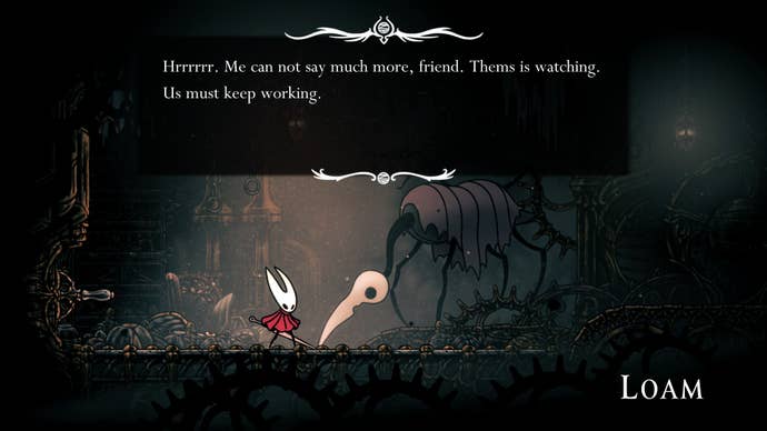 Hornet speaks to Loam in the Underworks in Hollow Knight: Silksong