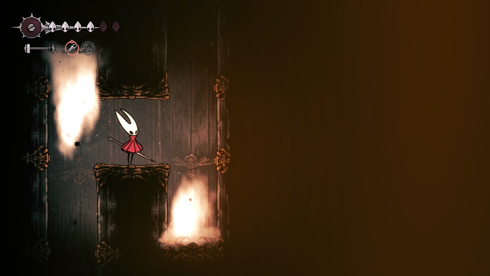 Hornet stands between two steam jets in the Underworks in Hollow Knight: Silksong