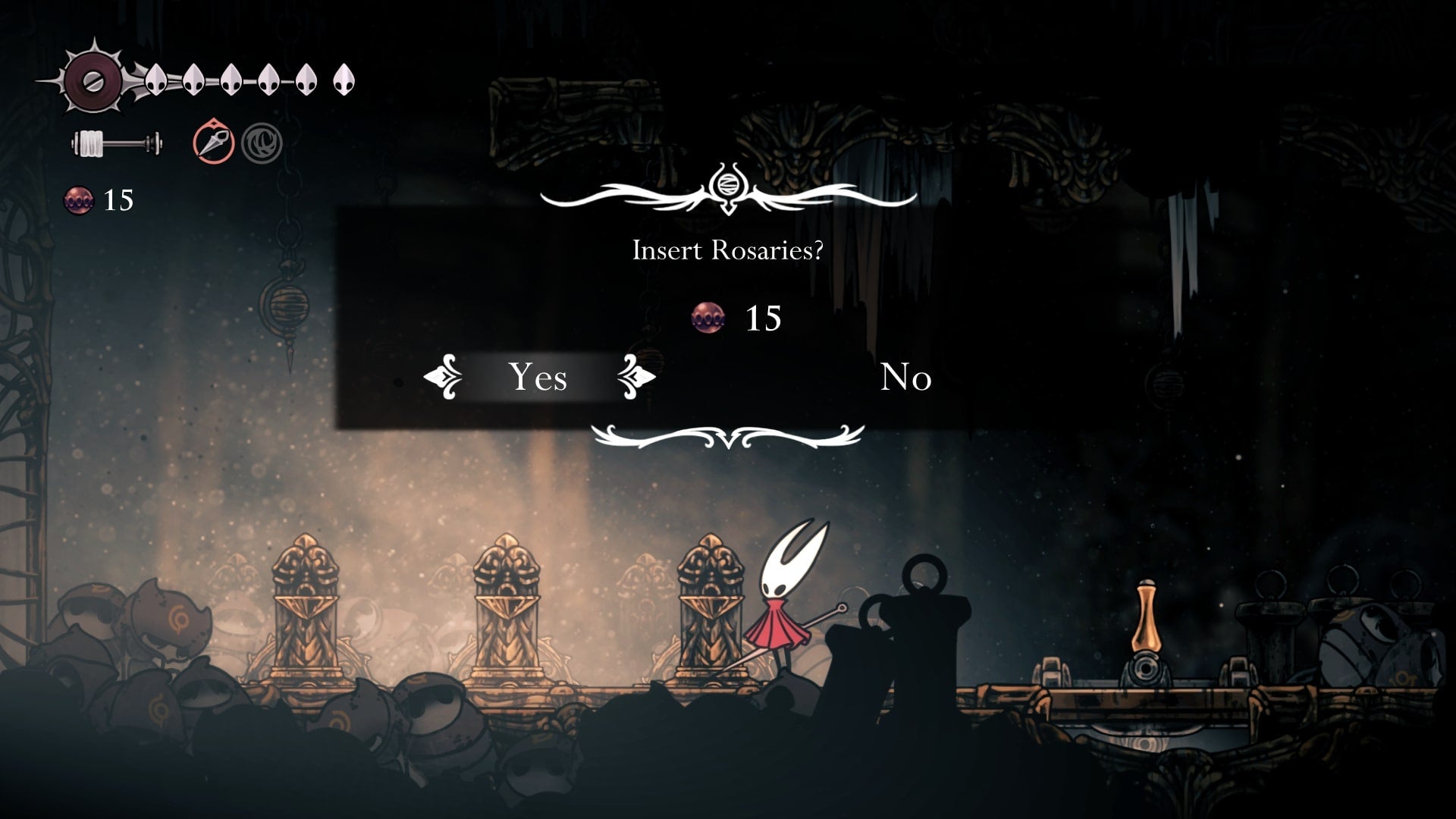 Hornet pays 15 Rosaries to use a Bench in the Underworks in Hollow Knight: Silksong
