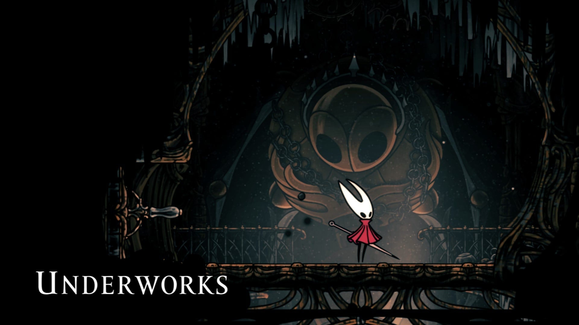 Hornet stands in the Underworks in Hollow Knight: Silksong