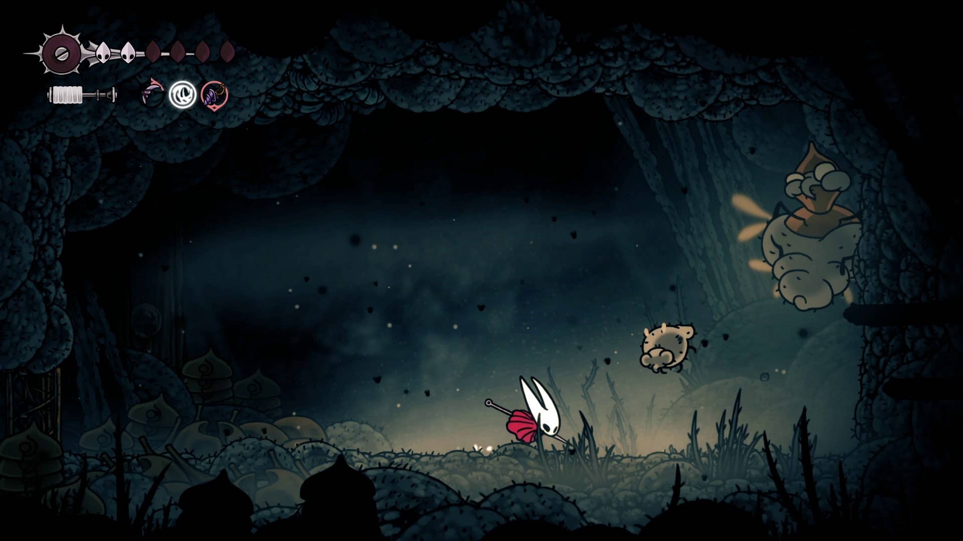 Hornet corre sob Freshfly e Broodmother em Hollow Knight: Silksong