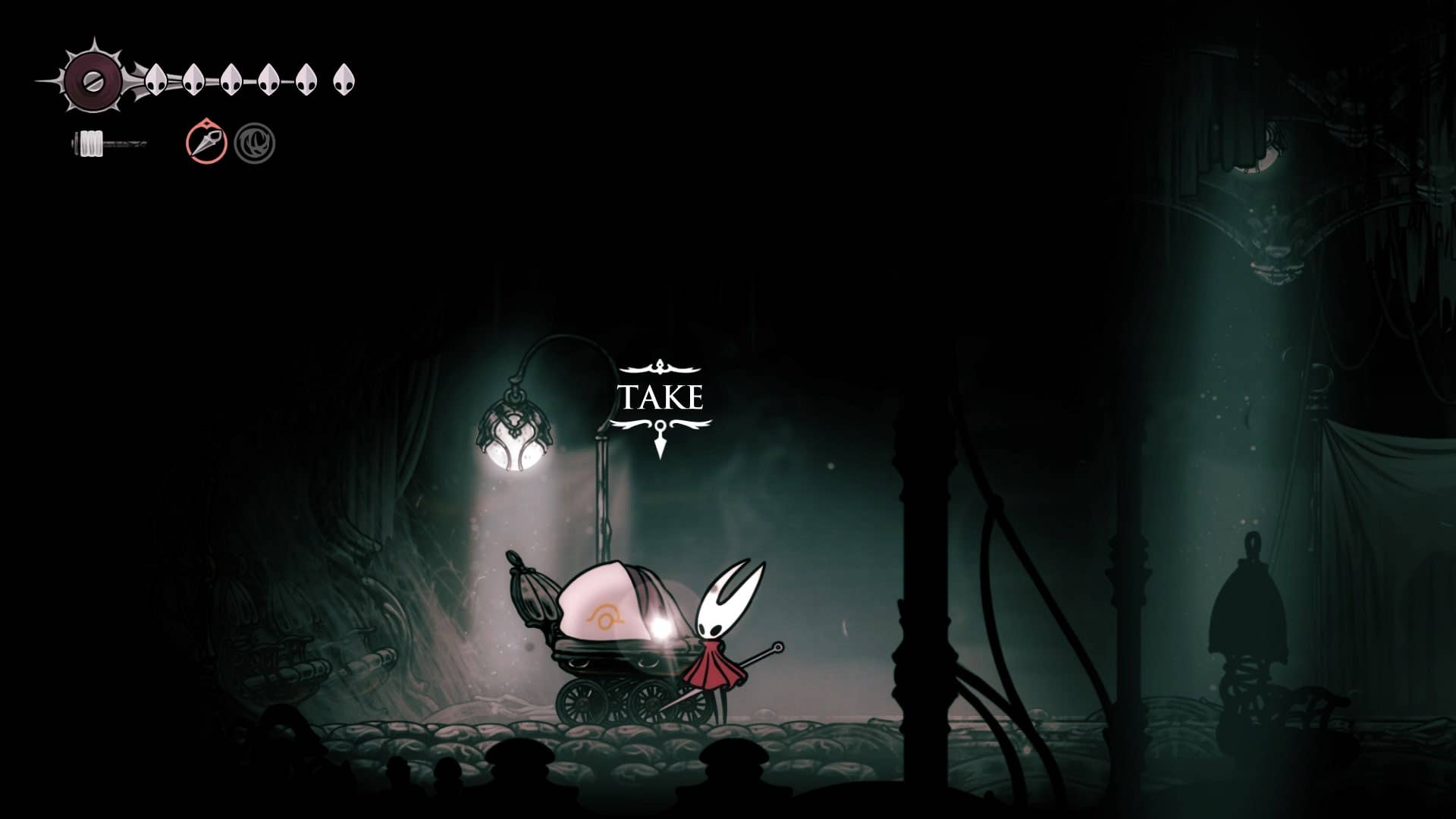 Hornet recolhe um mandamento coral em Whiteward in Hollow Knight: Silksong