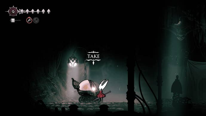 Hornet collects a Choral Commandment in Whiteward in Hollow Knight: Silksong