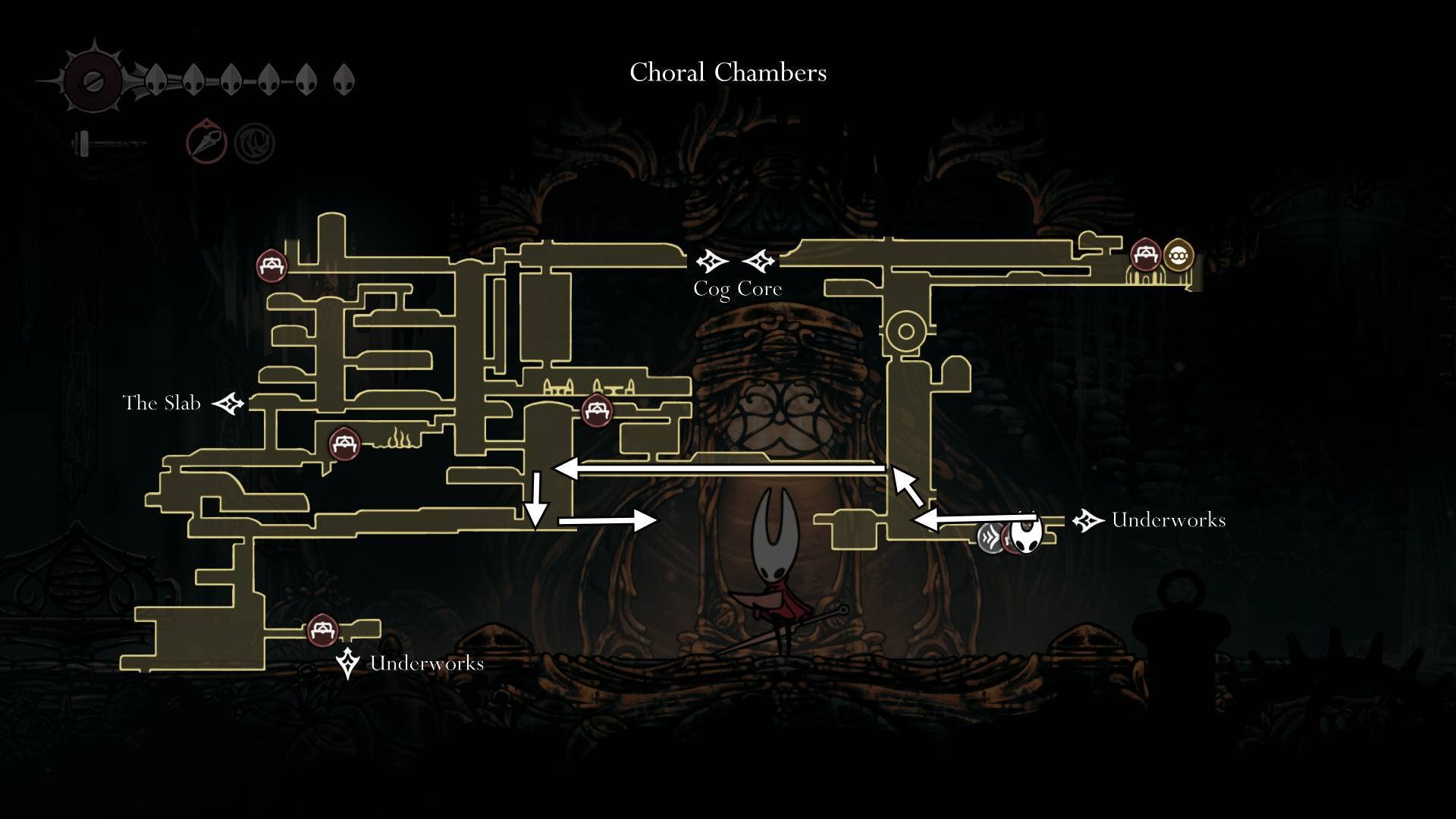 Um mapa de câmaras corais é rotulado com a rota para Whiteward in Hollow Knight: Silksong