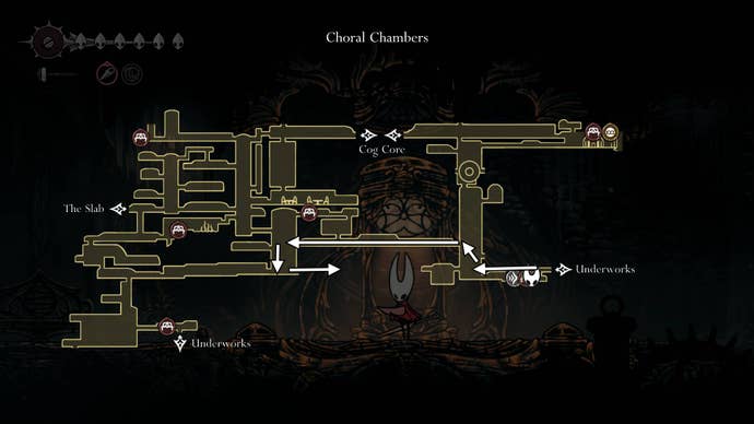 A map of Choral Chambers is labelled with the route to Whiteward in Hollow Knight: Silksong