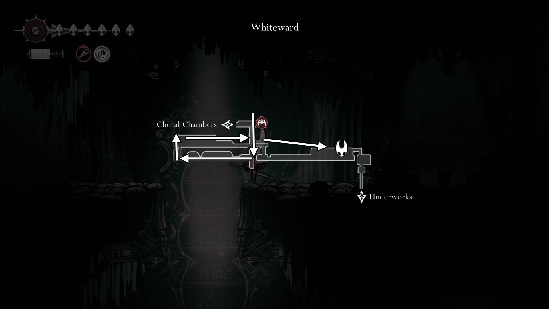 A route from the Whiteward entrance to the Surgeon's Key location is labelled on the map in Whiteward in Hollow Knight: Silksong