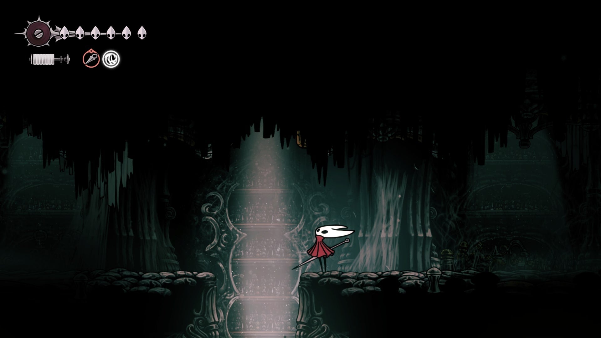 Hornet looks up at a hidden passage in Whiteward in Hollow Knight: Silksong