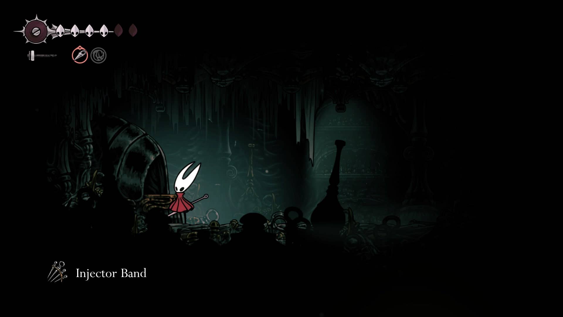 Hornet coleta a ferramenta de banda injetora em Whiteward em Hollow Knight: Silksong