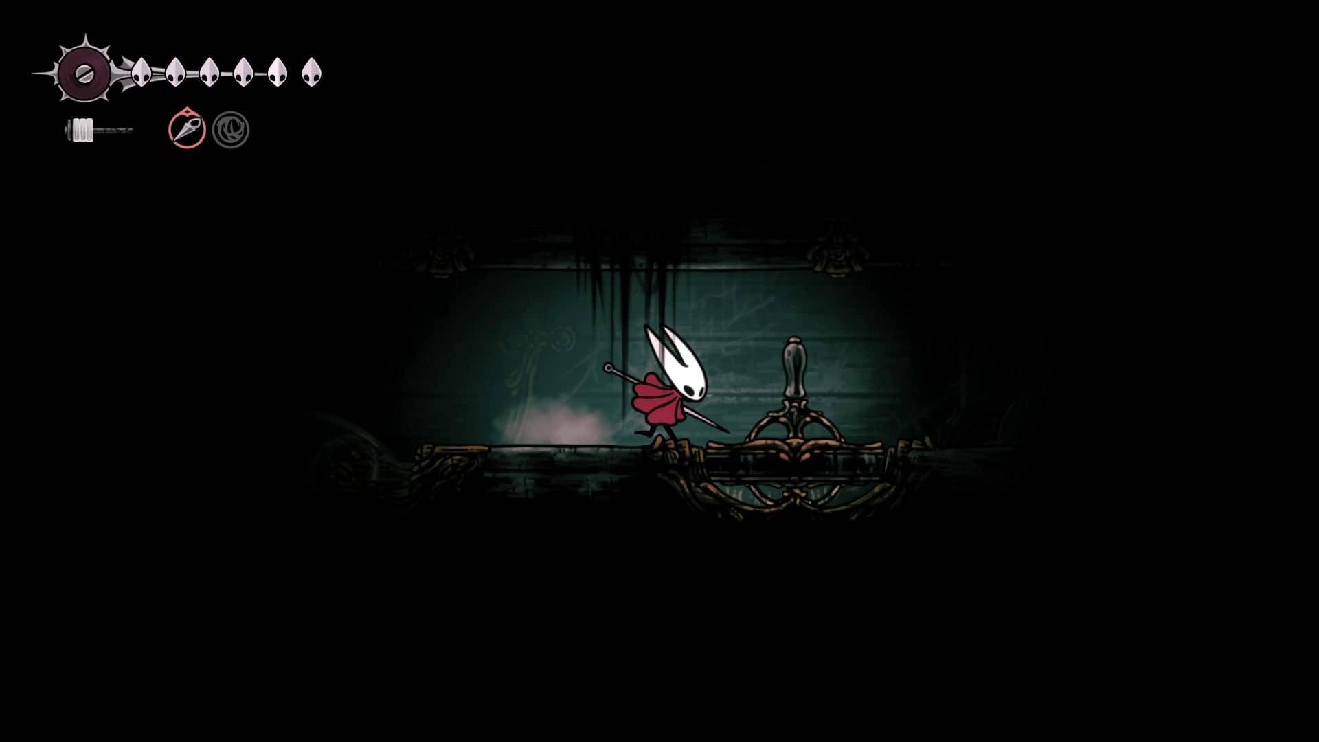 Hornet fica ao lado de uma alavanca em Whiteward in Hollow Knight: Silksong