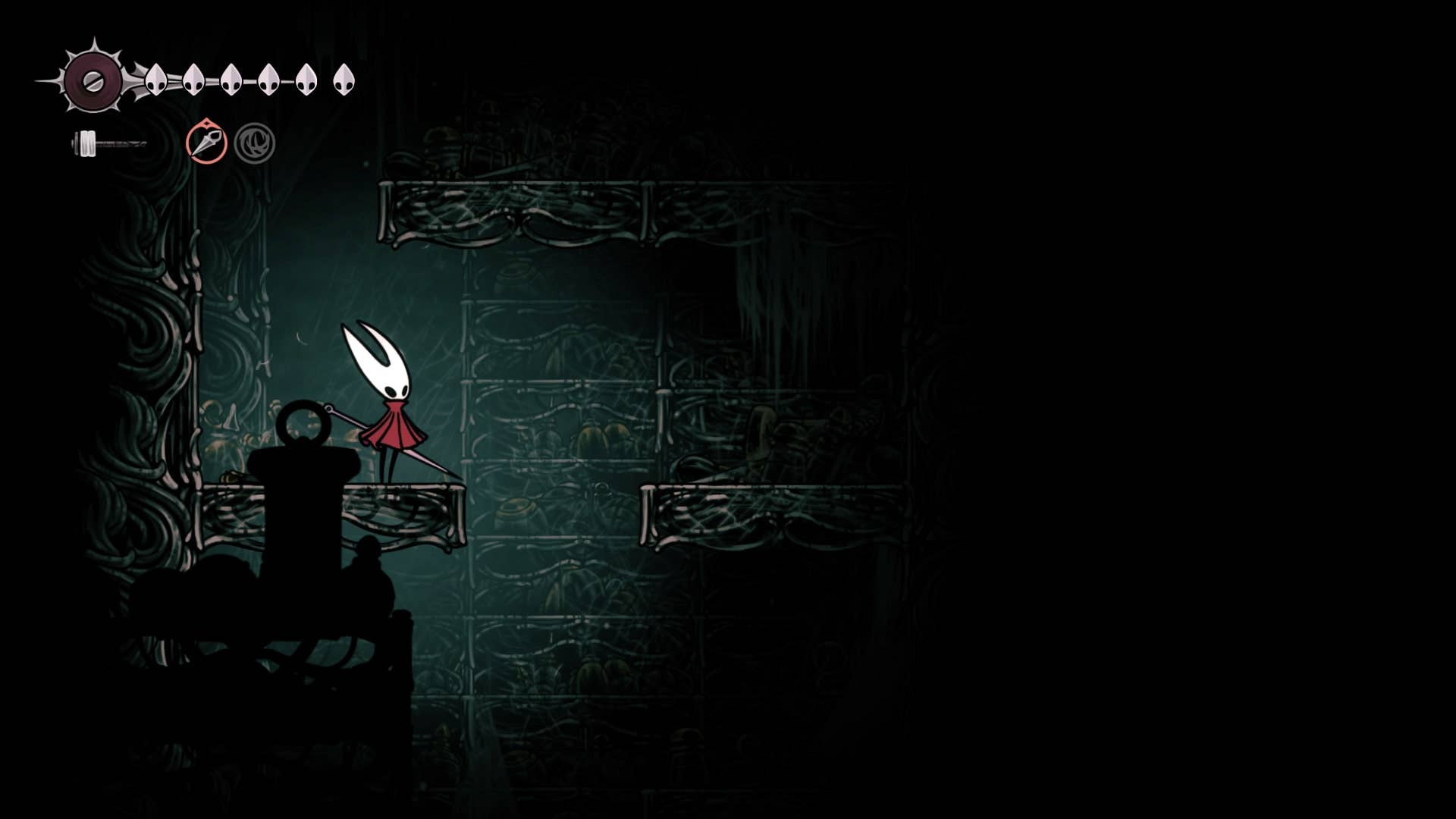 Hornet fica em uma plataforma em Whiteward in Hollow Knight: Silksong