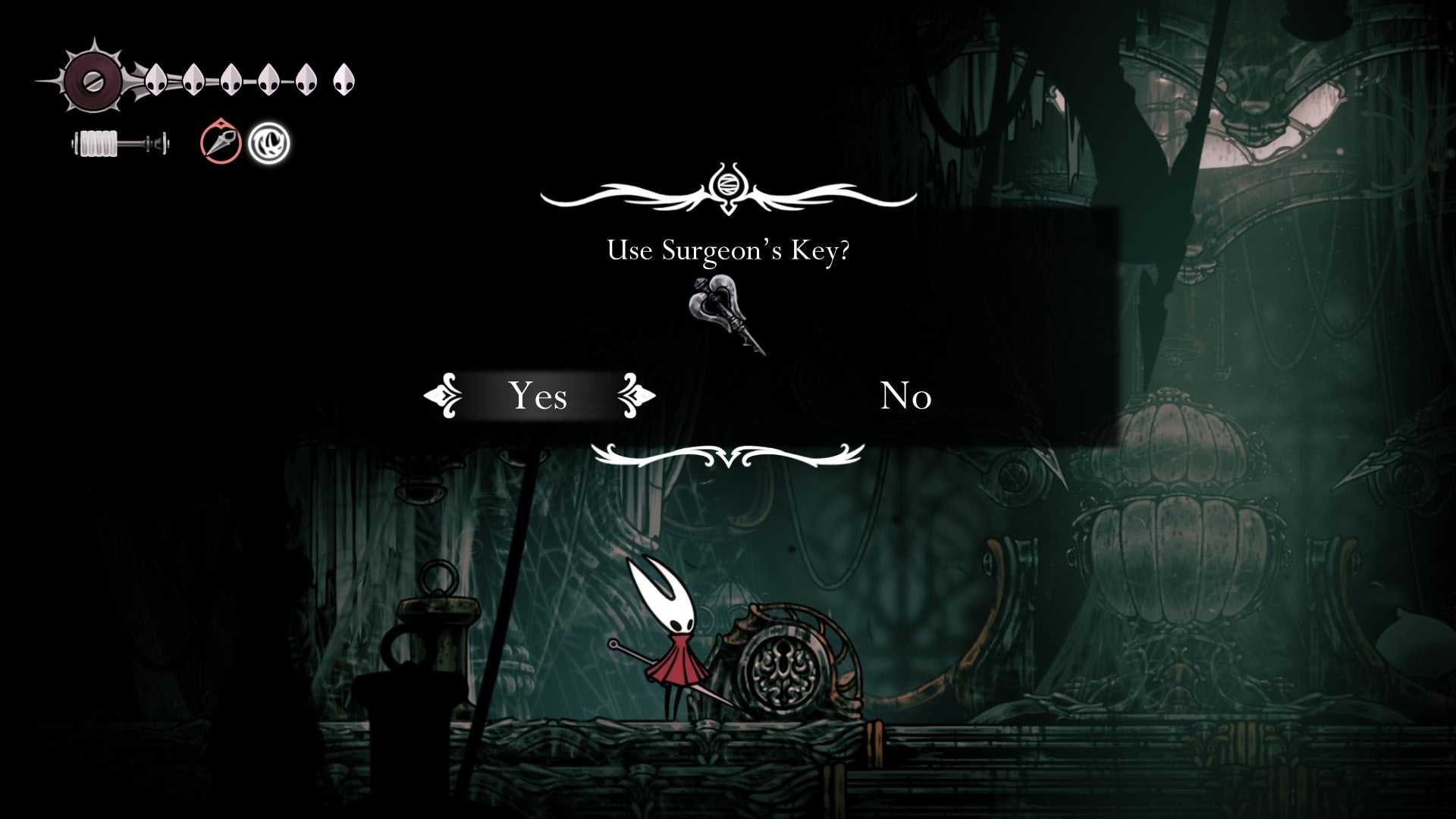 Hornet uses the Surgeon's Key on the ornate lock in Whiteward in Hollow Knight: Silksong