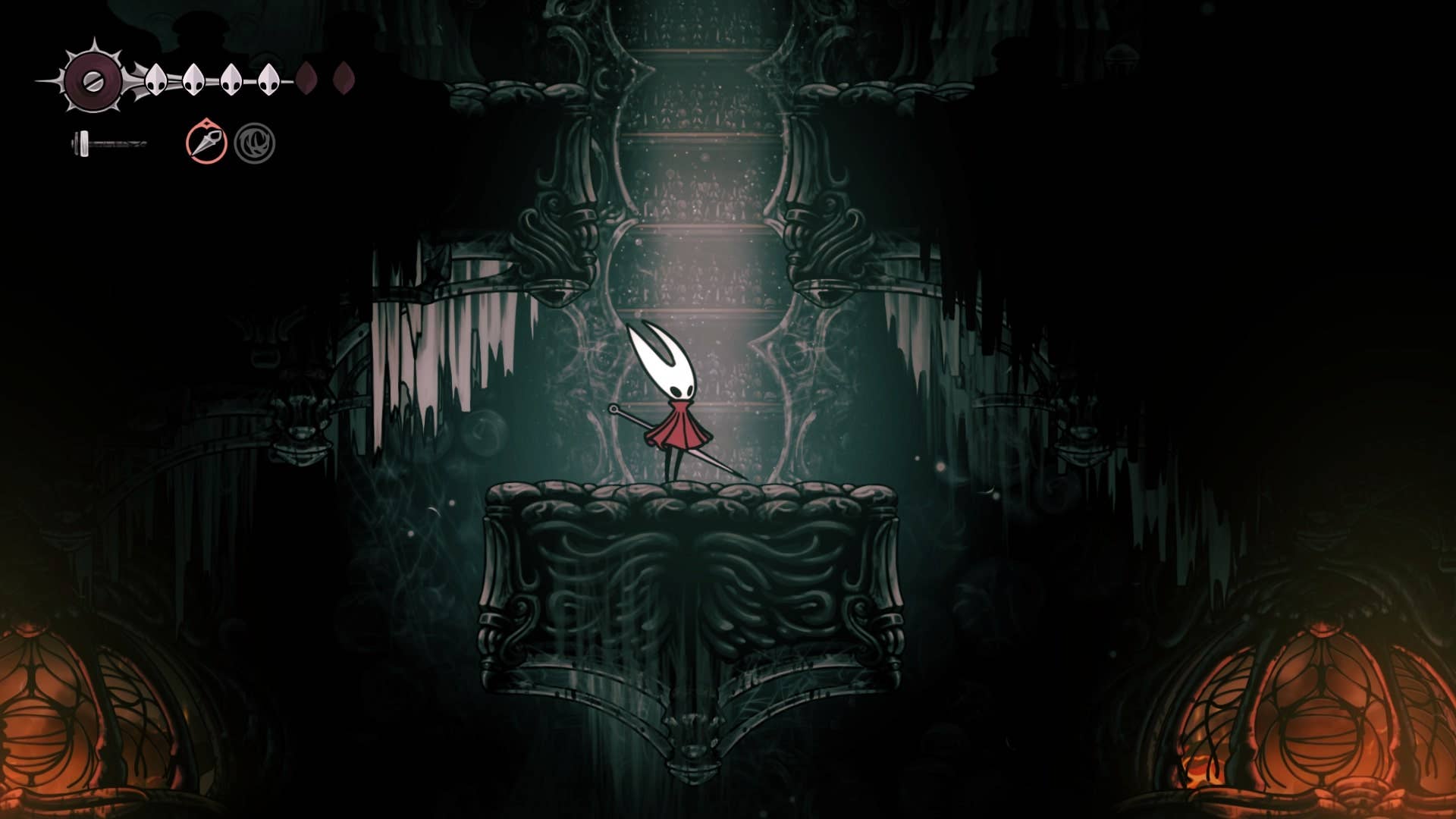 Hornet fica em uma plataforma sob uma saída em Whiteward in Hollow Knight: Silksong
