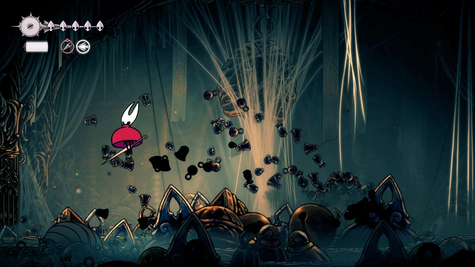 Hornet uses the Drifter's Cloak to glide over Widow's floor AoE attack in Hollow Knight: Silksong